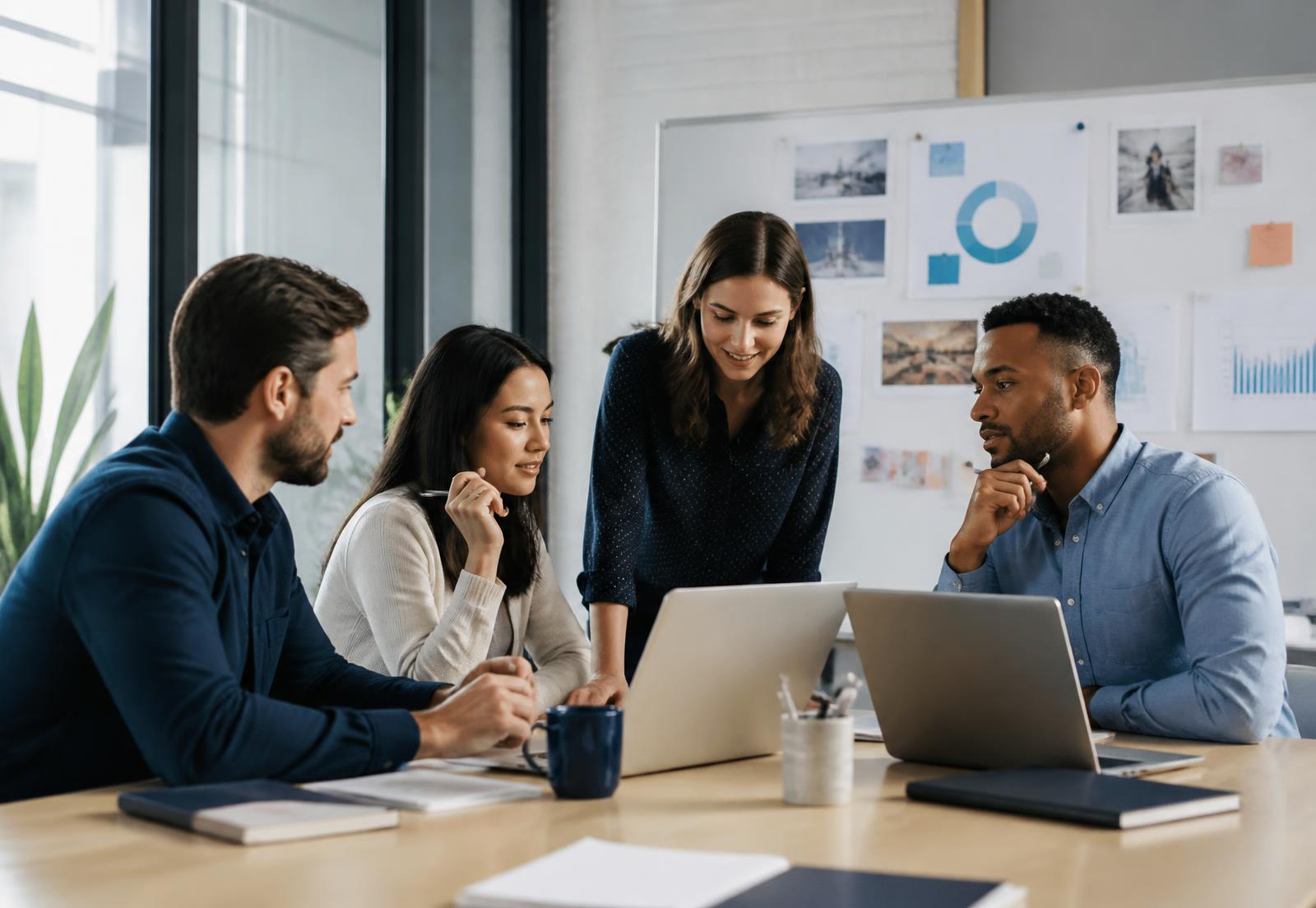 Marketing team reviewing campaign plans and analytics in an office